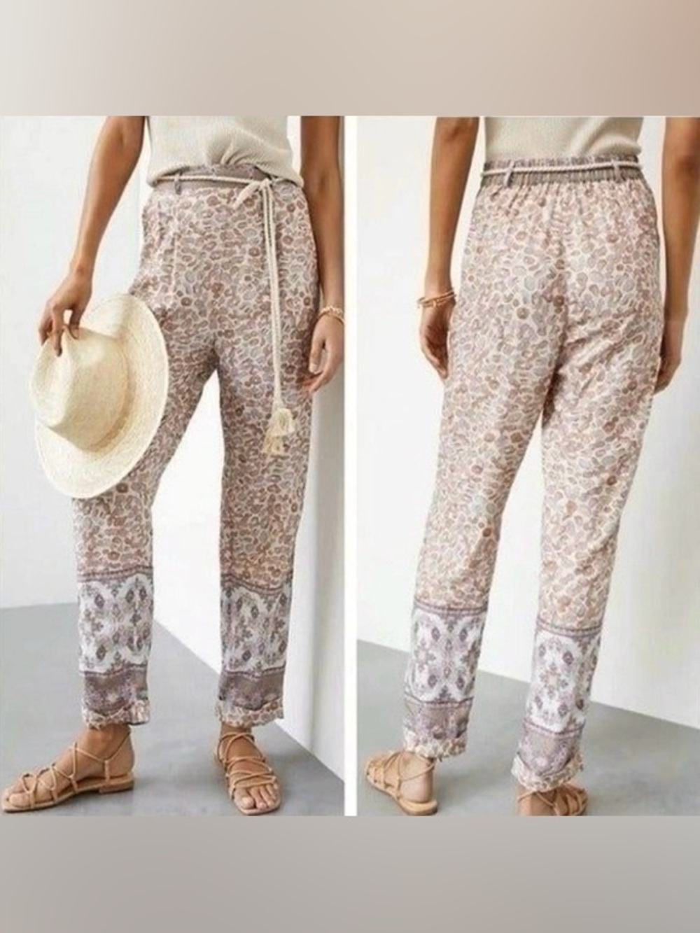 Anthropologie Ollari NY Tassel Floral Tapered High Waist Boho Pants Size Small